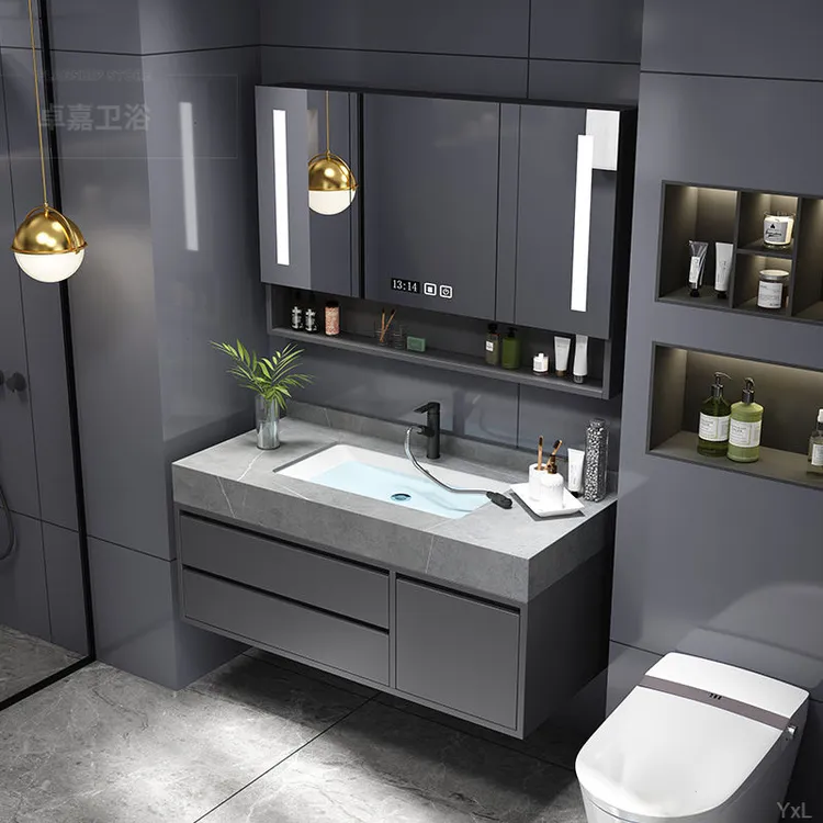 轻奢岩板陶瓷一体盆浴室柜洗手洗脸盆柜组合卫生间智能镜柜洗漱台