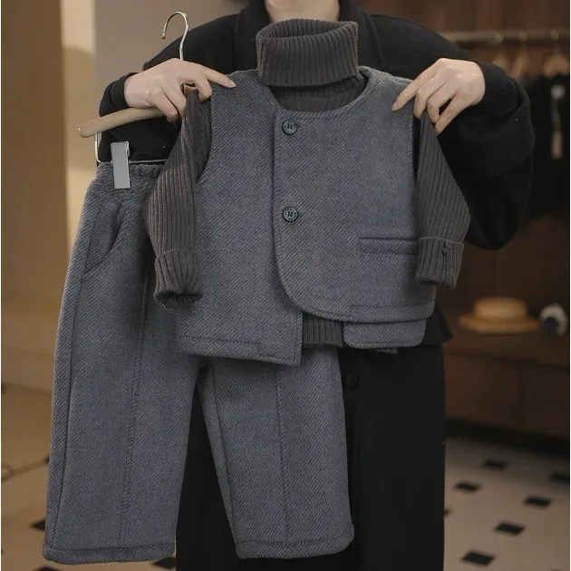 2024冬季儿童韩版纯色休闲时尚中性洋气毛呢保暖加厚套装三件套