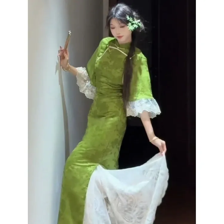 画报夫人新中式夏新款倒大袖拼接蕾丝改良旗袍气质女清冷修身连衣