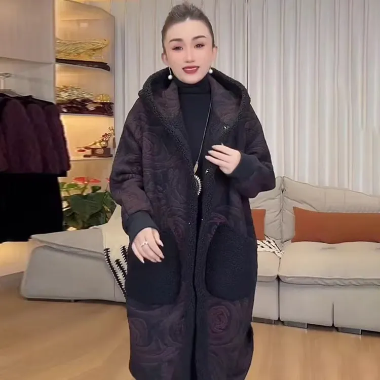 双面双穿连帽中长款中老年女装中年颗粒绒大码中老年毛呢外套
