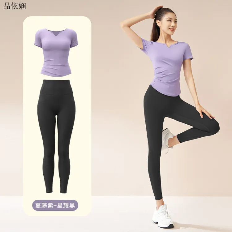 聚衣堂V领运动套装舒适透气褶皱T恤多功能瑜伽跑步女