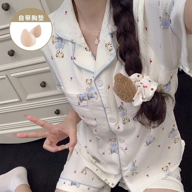 可爱小熊带胸垫睡衣女款三件套装夏季短袖短裤长裤女士家居服春秋