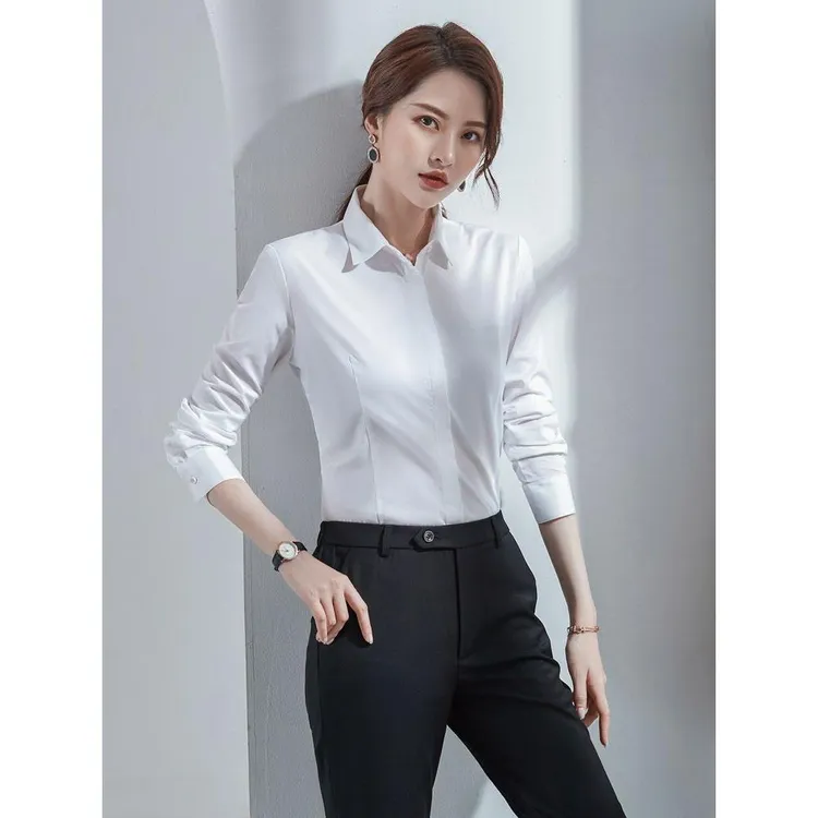 职业白衬衫女长袖工作服西裤套装工装气质免烫抗皱正装白色衬衣寸