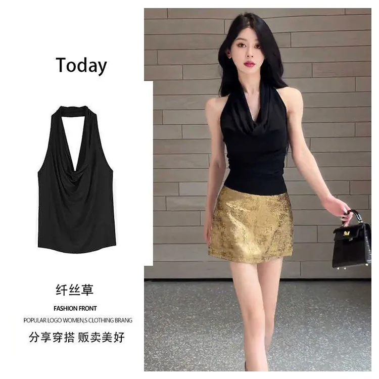 性感百搭气质挂脖设计感吊带上衣修身显瘦露背无袖夏季外穿