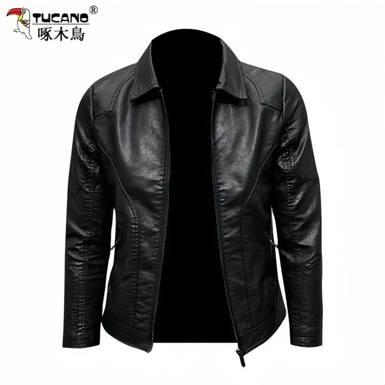 TUCANO/啄木鳥复古皮衣外套男士春秋新款加绒翻领机车皮夹克上衣