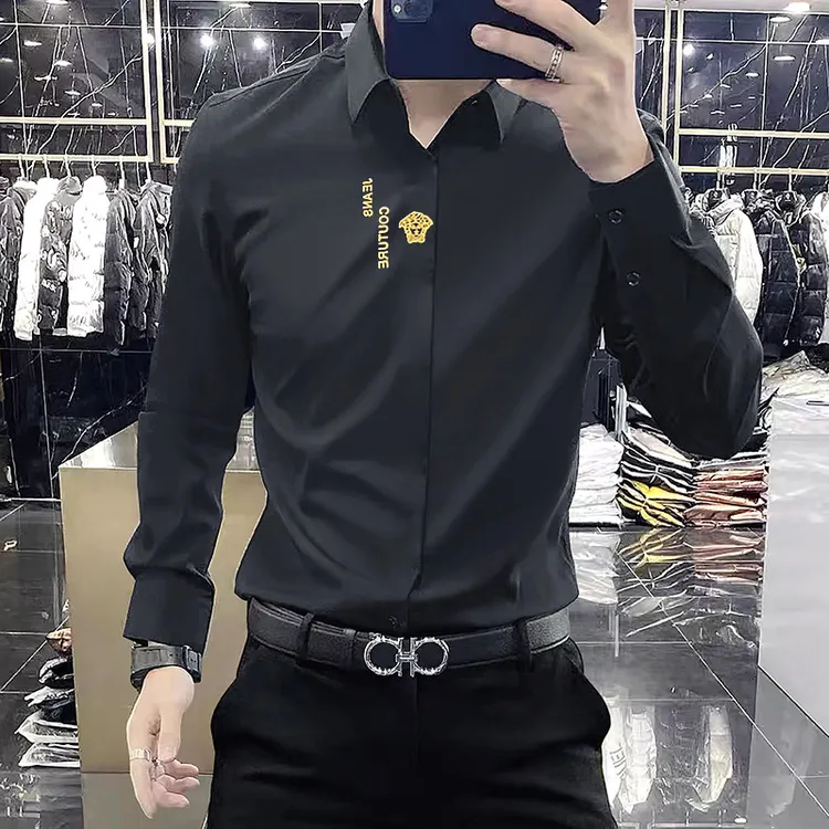男士免烫修身型薄款抗皱长袖衬衫商务潮流黑色春秋男装春季衬衣