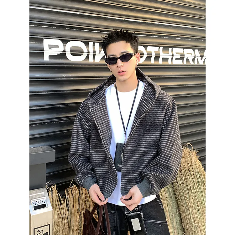 PLTH*复古条纹拉链开衫卫衣男女同款秋冬宽松重磅休闲情侣外套