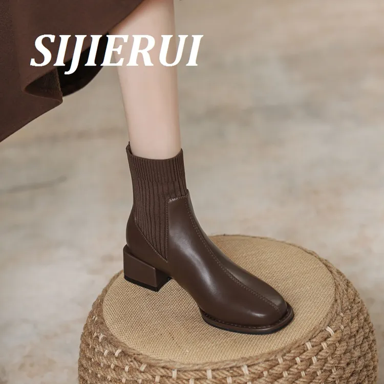 SIJIERUI马丁靴女2025秋季新款高跟弹力瘦瘦靴后拉链粗跟短靴女