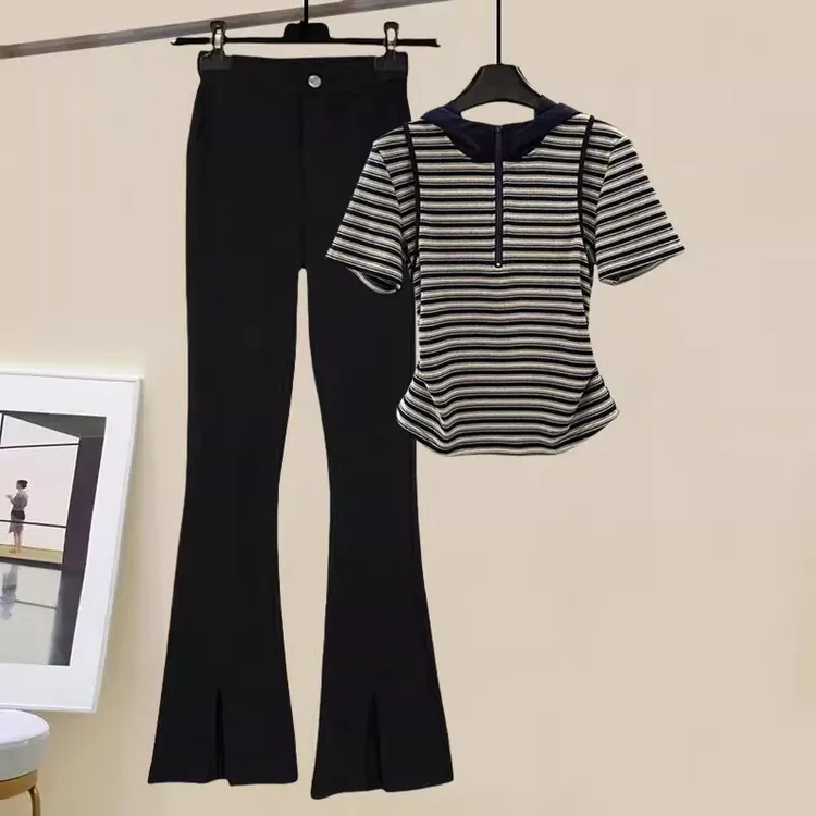夏季慵懒风时尚减龄条纹撞色连帽上衣前开叉休闲裤高级感两件套女