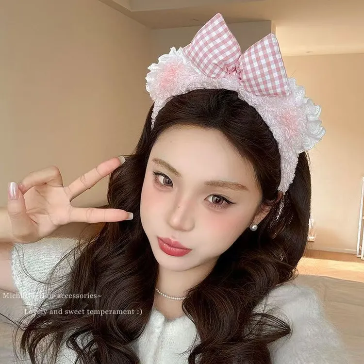 可爱粉色格子蝴蝶结蕾丝女洗脸压发毛绒头箍儿童头饰2025新款发箍