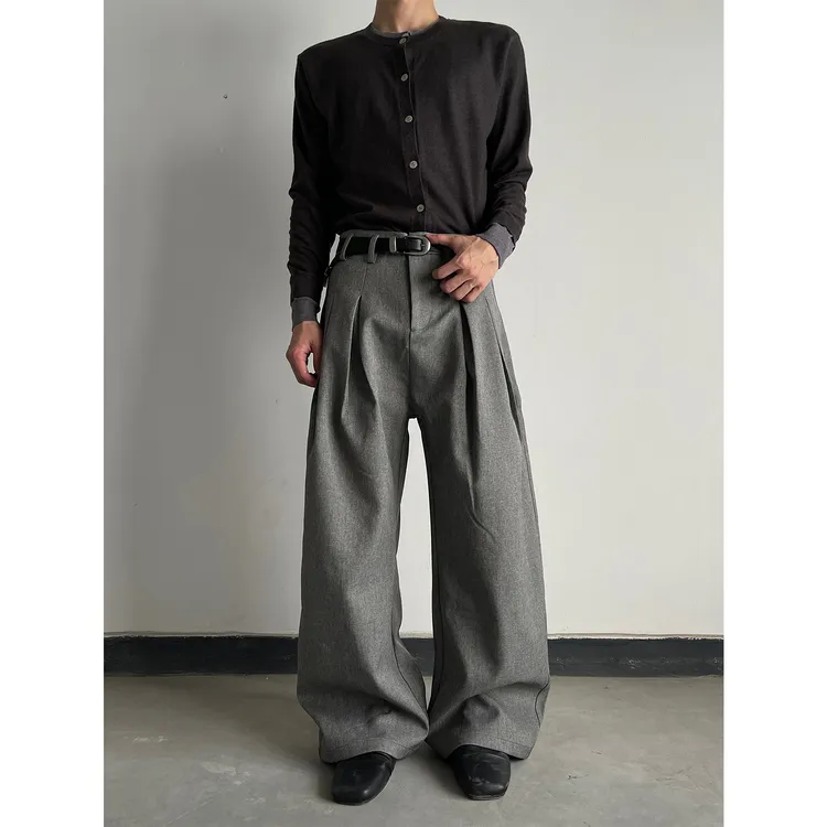 MASONSOUL 老钱风cleanfit双褶亚麻质感弯刀西裤休闲裤男阔腿长裤