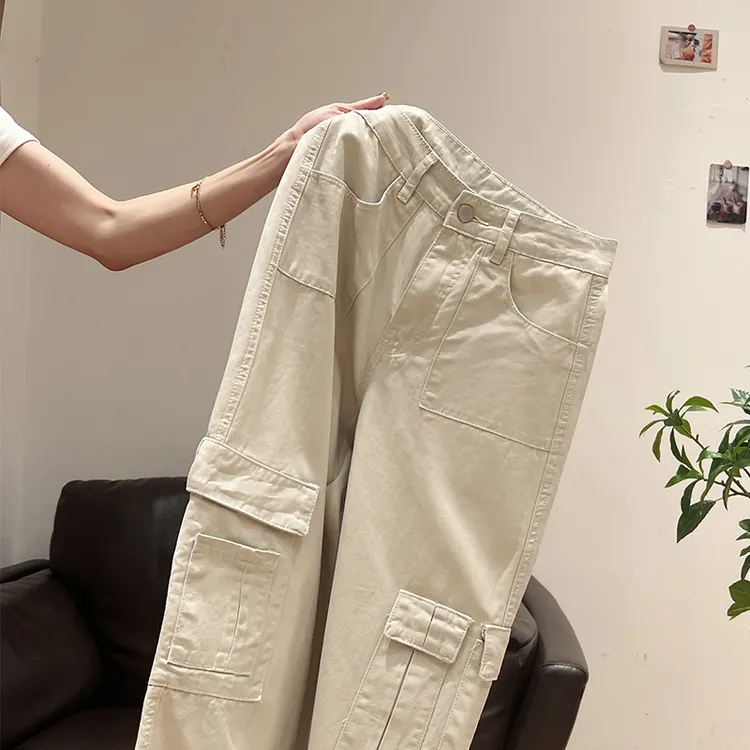 美式复古独特设计感多口袋工装裤女装夏季宽松显瘦休闲直筒长裤子