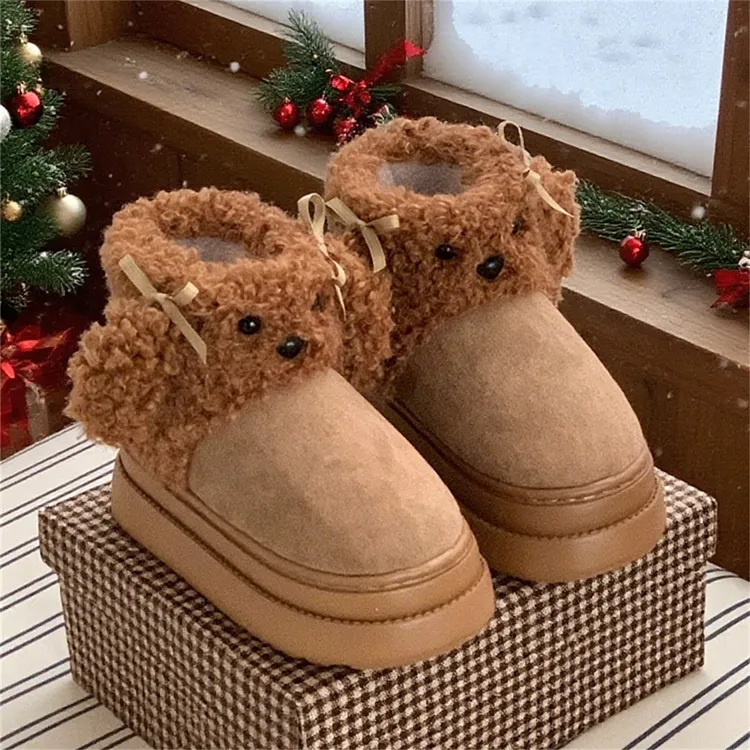 网红户外防滑软萌泰迪狗狗雪地靴女厚底百搭冬季时尚加绒东北棉靴