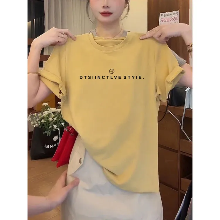 新款夏季韩系印花时尚百搭短袖t恤女宽松减龄显瘦短袖打底衫洋气