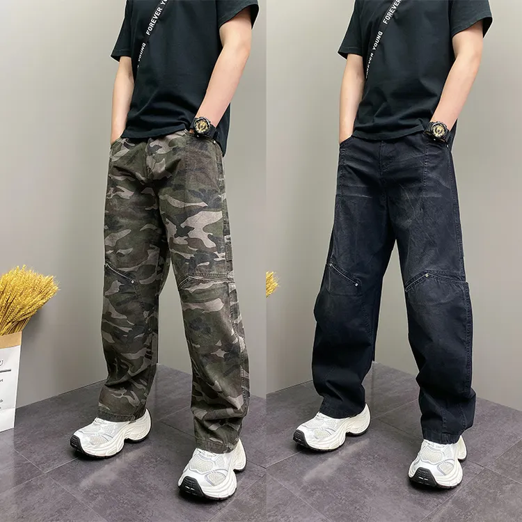 美式高街潮流痞帅弯刀牛仔裤秋季新款水洗迷彩宽松直筒垂感阔腿裤