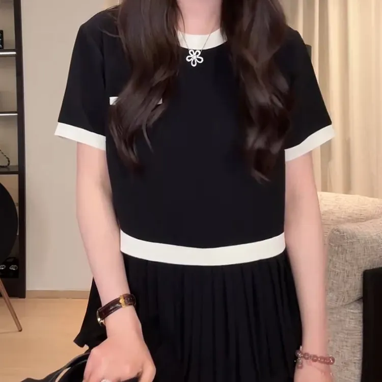 法式轻奢拼接压褶圆领短袖T恤夏季新款胖mm显瘦遮肉百搭上衣女