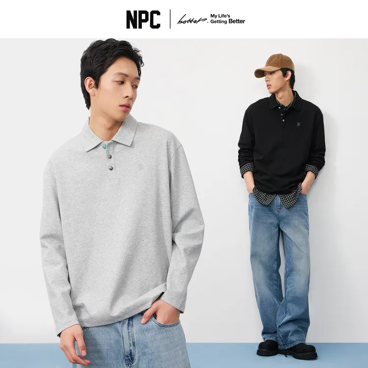 NPC潮牌仿【绿松石】纽扣腰果花刺绣长袖polo衫男空气层秋NP57TL44