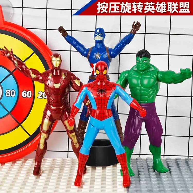 儿童玩具按压360度旋转奥特曼手办美队绿人蜘蛛侠钢铁侠模型摆件