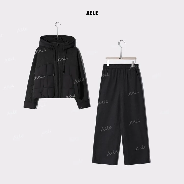 AELE秋冬设计感立领连帽棉外套+松紧腰直筒裤套装 D855 3378 AD