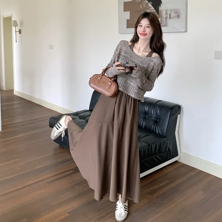 韩系慵懒风针织罩衫连衣裙两件套女2025秋季新款减龄气质显瘦套装
