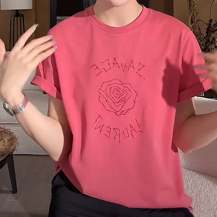 “荆棘蔷薇”2025夏季新款定然手绘玫瑰印花圆领短袖T恤女宽松时尚