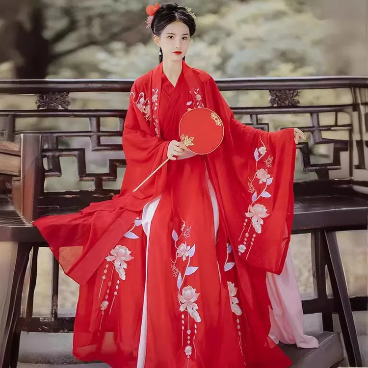 凤求凰印花汉服女夏季仙气古装中国风交领广袖仙气襦裙红色6米摆