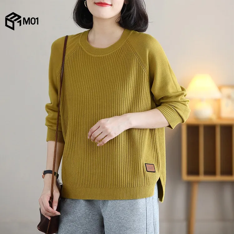 M01大码圆领套头毛衣秋季针织上衣宽松显瘦遮肚打底衫简约毛线衫