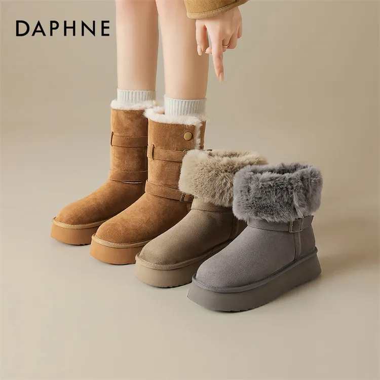 达芙妮厚底雪地靴2025冬季加绒加厚防滑增高爆款棉鞋女冬外穿短靴