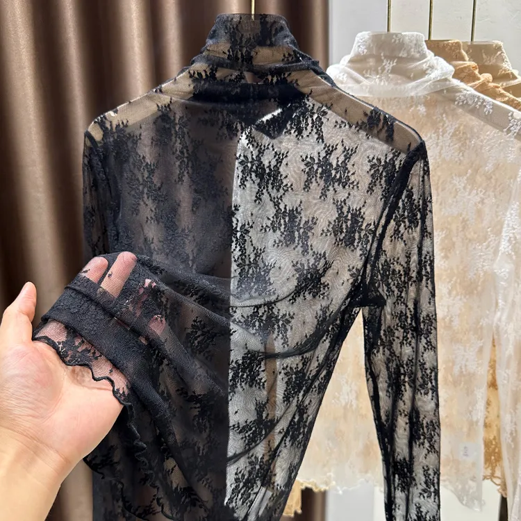 堆堆高领蕾丝薄款打底衫女毛衣内搭叠穿透明纱衣镂空网纱小衫上衣