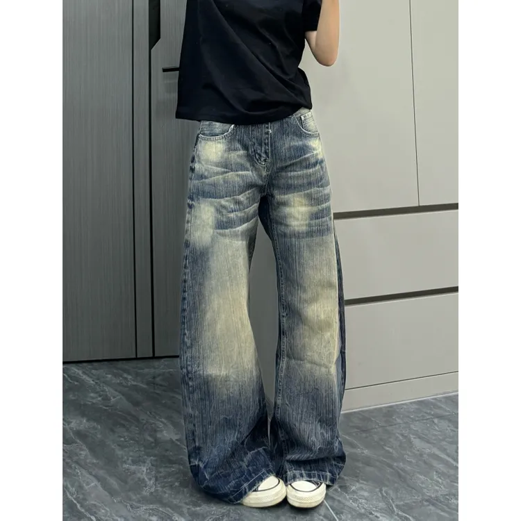 高个子加长美式复古水洗做旧阔腿牛仔裤女宽松显瘦百搭拖地弯刀裤