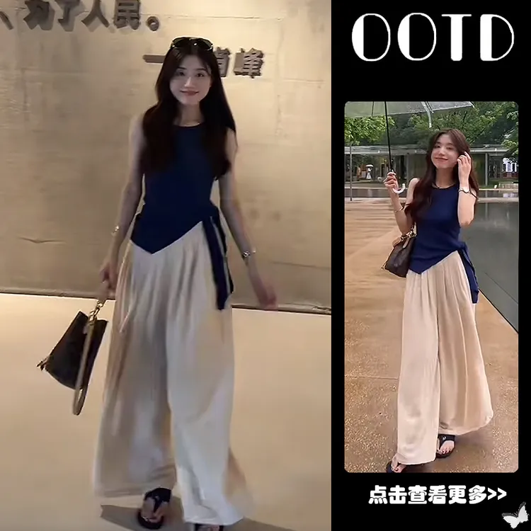 夏季流行穿搭一整套女2025新款韩版绑带无袖T恤百搭阔腿裤两件套