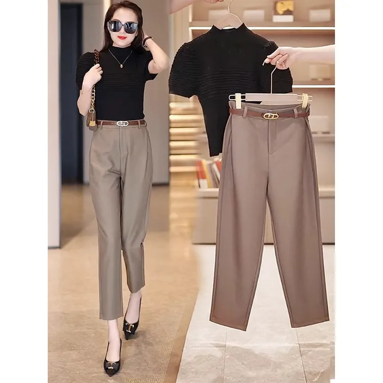 拉夏贝尔2025春新款卡其色烟管裤秋季薄款休闲女裤九分萝卜哈伦裤