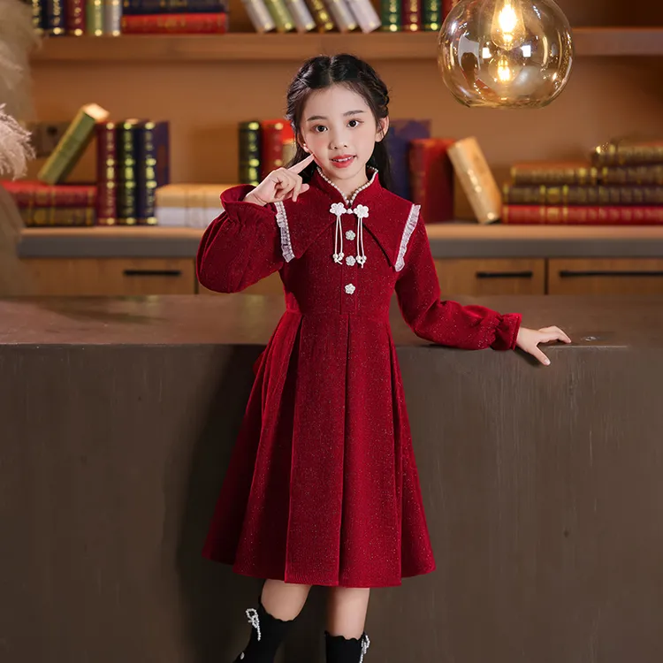 女童旗袍连衣裙秋冬2025新款洋气小女孩中国风长袖儿童红色公主裙