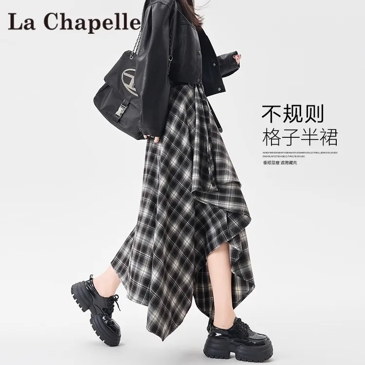 拉夏贝尔黑色不规则半身裙女2025秋季新款高腰复古格子显瘦中长裙