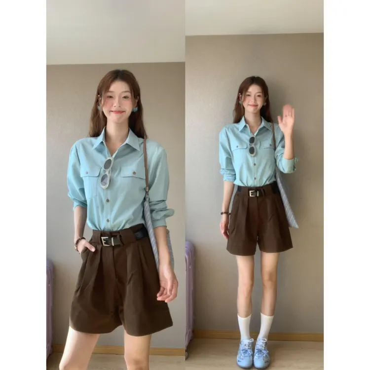 韩系休闲通勤风湖蓝色翻领衬衫设计感直筒a字短裤衬衣度假套装