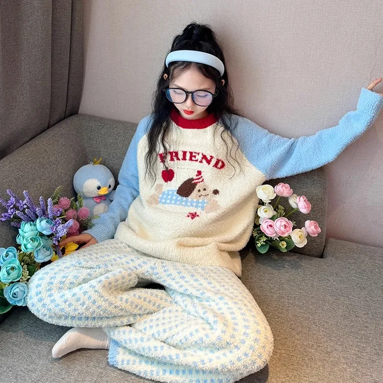 女童珊瑚绒睡衣冬季2025新款儿童秋冬法兰绒加厚套装初中生家居服