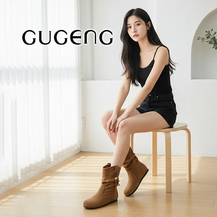 GUGENG新款复古时尚短靴百搭秋季增高流苏民族风显腿细女靴650172