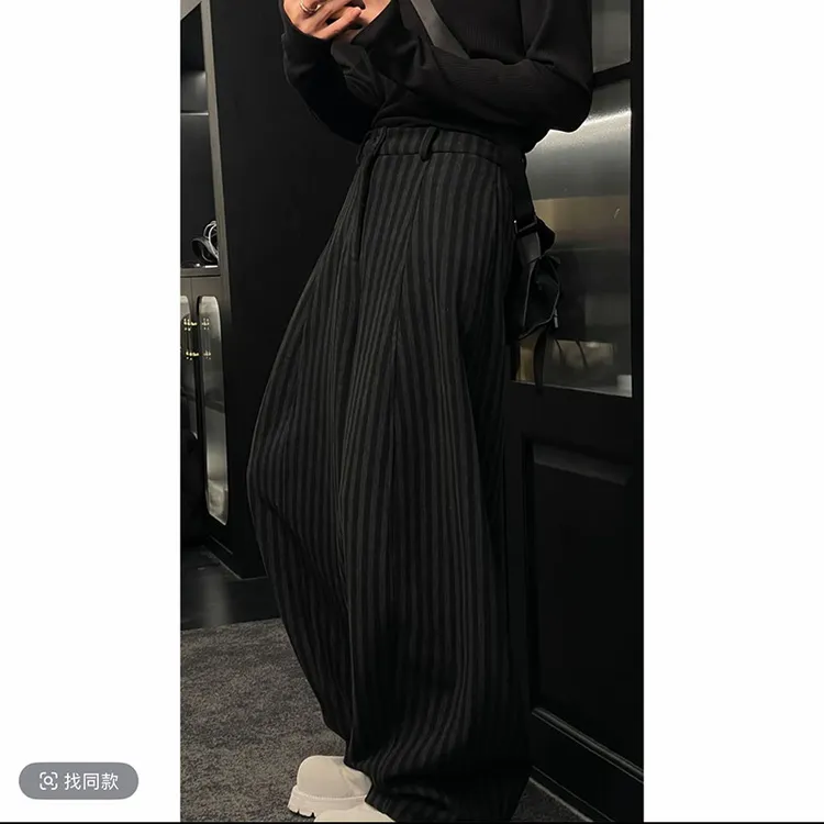 高克重加厚小众条纹弯刀阔腿长裤男女潮秋冬高级感痞帅复古休闲裤
