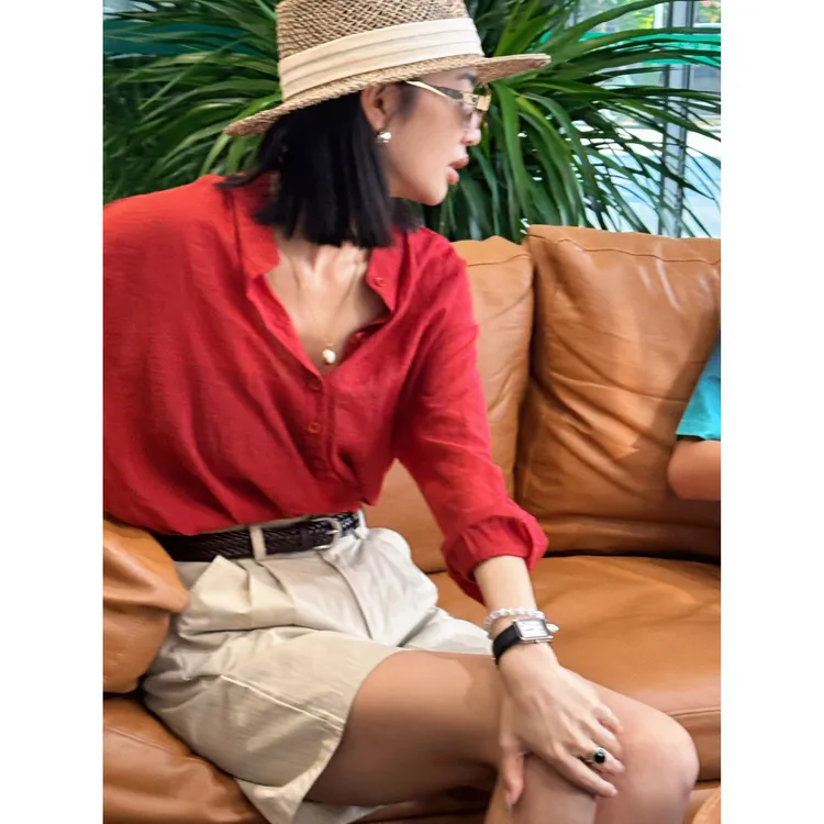 棉麻纯色衬衫百搭宽松长袖防晒衫上衣减龄休闲洋气时尚小衫新款女