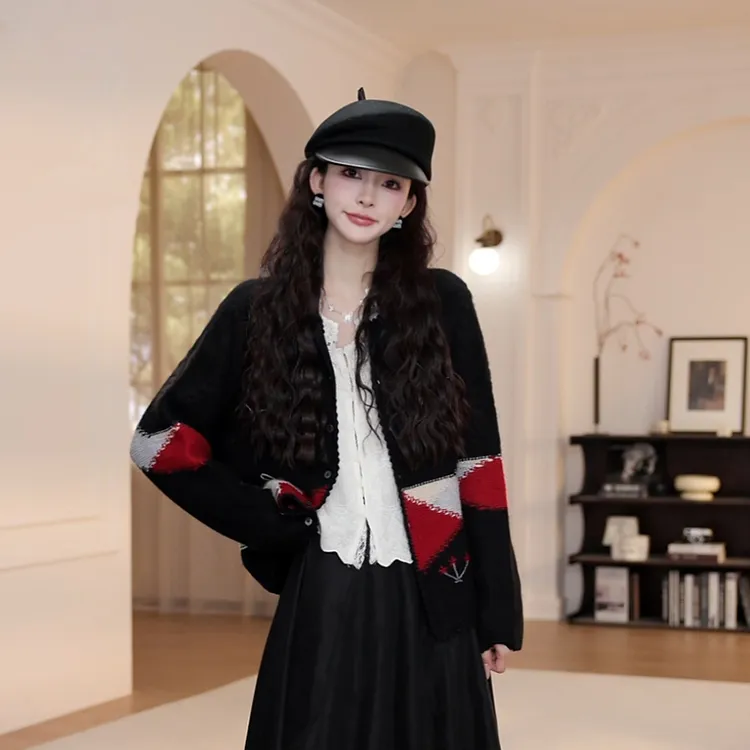 【YANYAN】拼色针织衫外套女秋季慵懒风百搭圆领长袖毛衣开衫8785