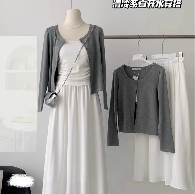 温柔风连衣裙套装女新款百搭针织开衫+吊带+垂感半身裙长裙三件套