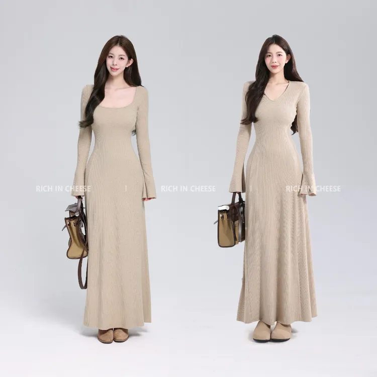 舒胡蕾 茶香可颂【系列合集】 秋冬长袖高弹针织显瘦百搭打底连衣裙
