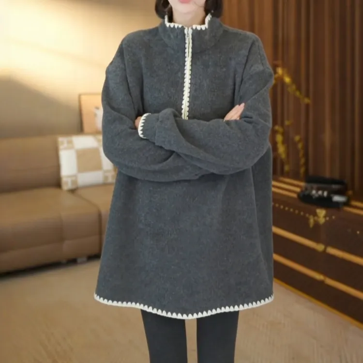 美式休闲百搭半拉链卫衣裙女秋冬款大码胖MM洋气时尚宽松慵懒上衣