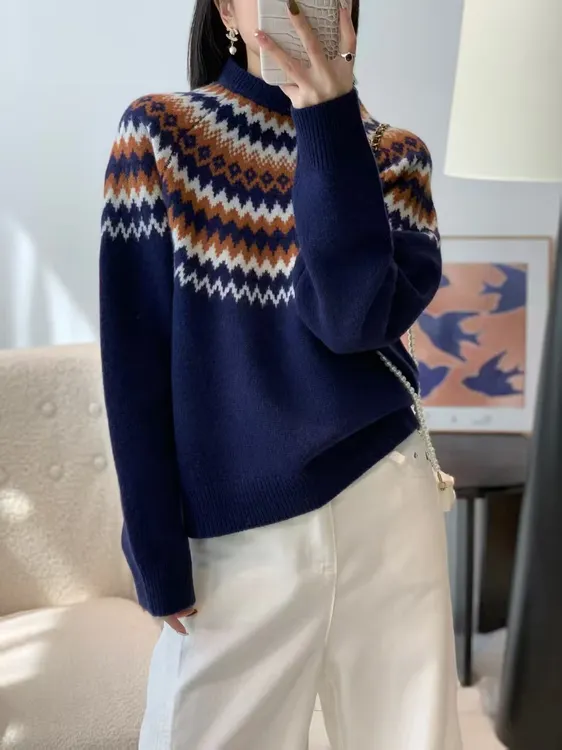 费尔岛花纹全羊毛复古提花高领百搭休闲时尚毛衣