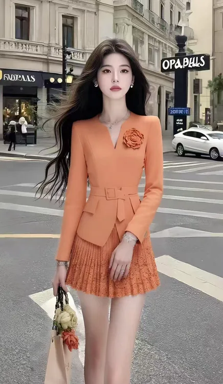 时尚气质名媛穿搭橘色V领长袖修身收腰上衣+百搭高腰百褶半身裙女
