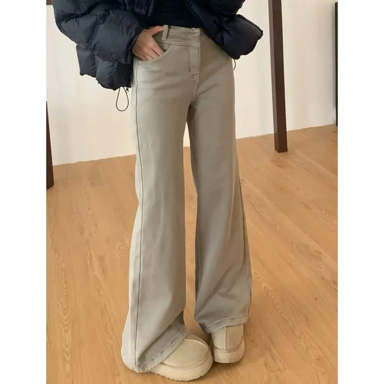 48H【长腿秘诀】加长加厚绒高腰微喇高级感长裤直筒喇叭牛仔裤25401