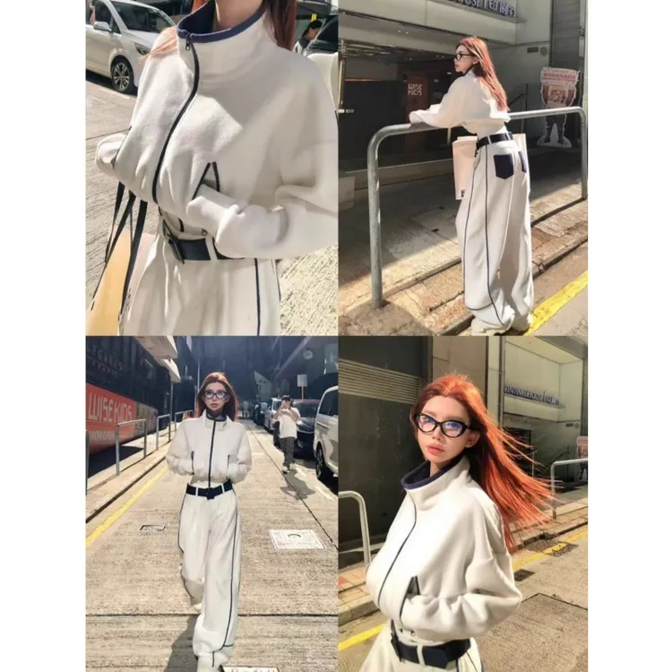 休闲运女秋冬季穿搭美式白色摇粒绒立领卫衣外套裤子两件套搭配冬