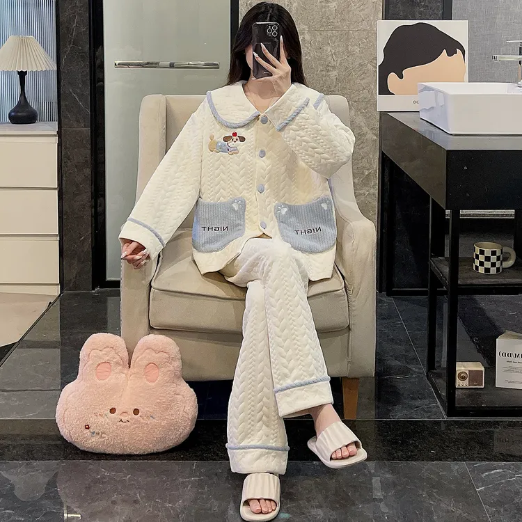 睡衣女春秋冬季长袖空气棉夹层2025新款大码蓝口袋小狗套装家居服