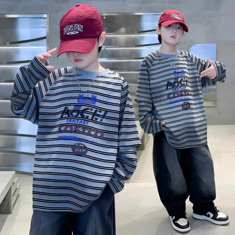 男童日韩条纹打底衫春秋条纹童卫衣秋季中大童洋气