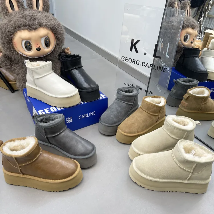 桑坡增高5厘米雪地靴女洋气光面厚底牛皮羊毛加厚保暖加绒小个子